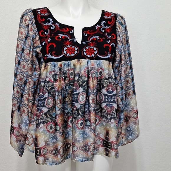KAS New York Red Blue Embroidered Bohemian Balloon Sleeve Peasant Boho Blouse M - Picture 1 of 12